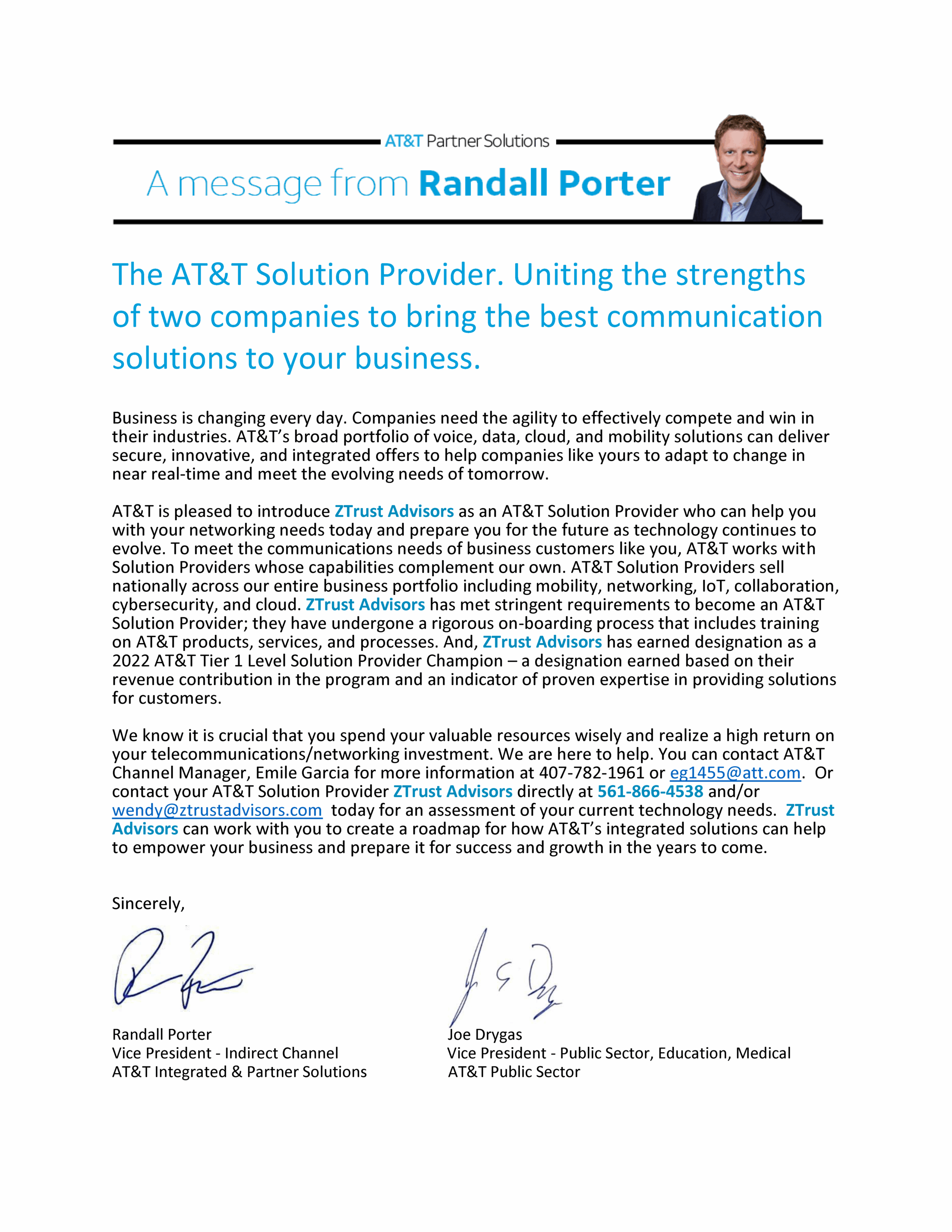 AT&T Alliance Solution Provider partnership with ZTrust Advisors.